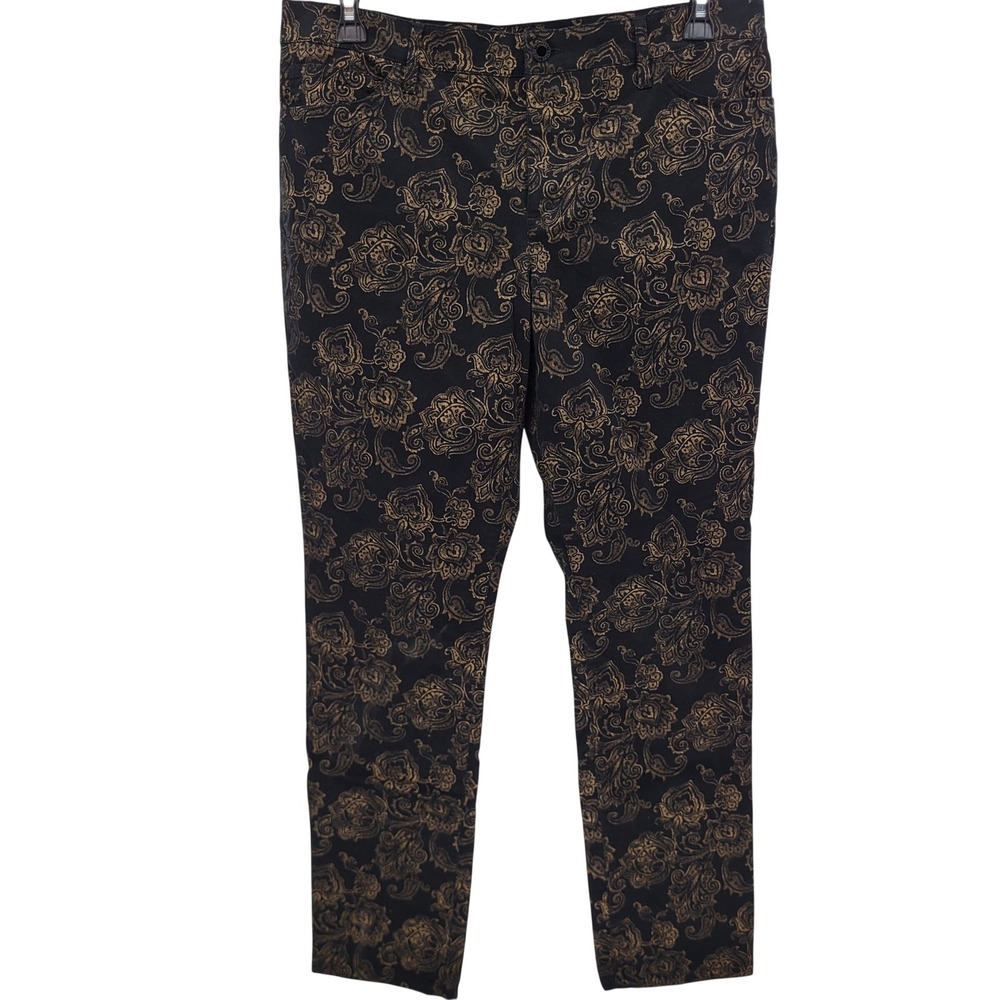 Lauren Ralph Lauren Womens Black Gold Metallic Paisley Floral Slim Pants Size 16